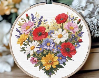 Wildflower Heart Cross Stitch Pattern PDF – Floral Heart XStitch Chart – Meadow Flowers Bouquet – Cottagecore Needlework – Instant Download