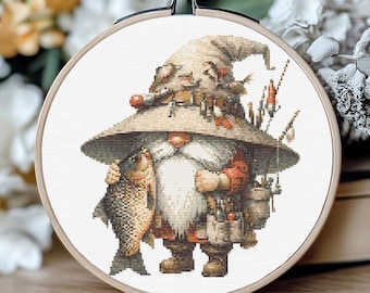 Fishing Gnome Cross Stitch Pattern, Rustic Fisherman Embroidery PDF, Lake House Decor, Cabin Style Needlework, Instant Download