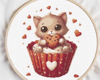 Cat Cross Stitch Pattern Valentines Day Gift Digital File Instant Download, Kitten Embroidery, Love Cross Stitch Heart, Mini Cross Stitch