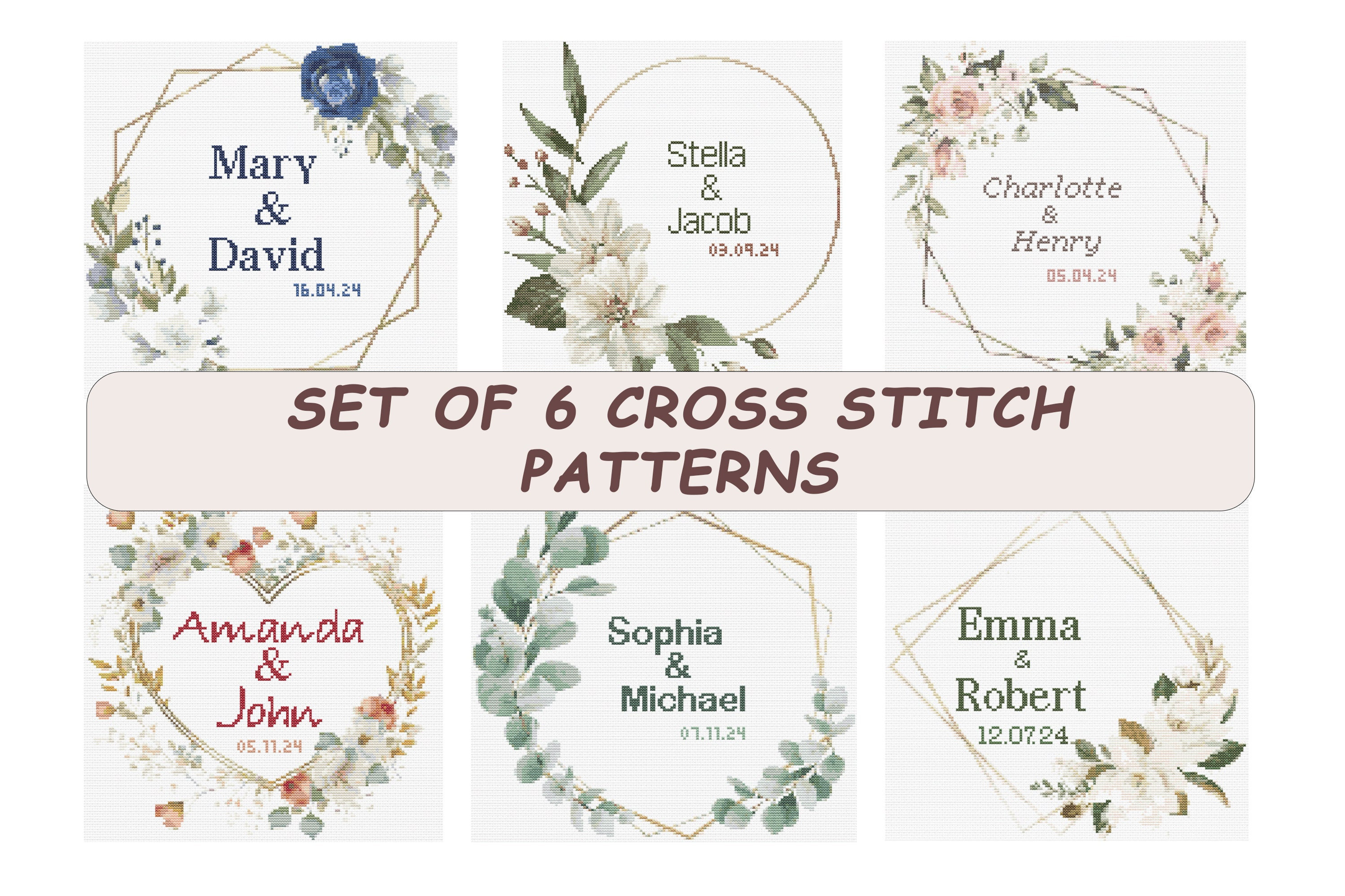 Wedding Cross Stitch Pattern Set of 6 Floral Wreath Personalized Counted Cross Stitch Anniversary Gift Engagement Gift, Digital Download PDF