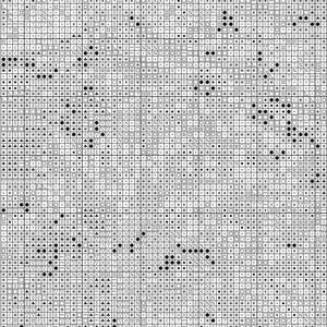 May include: A black and white cross-stitch pattern chart with various symbols, including asterisks, circles, triangles, and squares. The chart is divided into a grid of small squares, each containing a symbol. The symbols are in a variety of shapes.