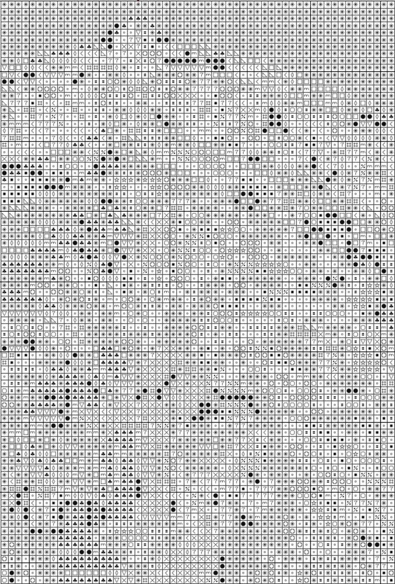 May include: A black and white cross-stitch pattern chart with various symbols, including asterisks, circles, triangles, and squares. The chart is divided into a grid of small squares, each containing a symbol. The symbols are in a variety of shapes.