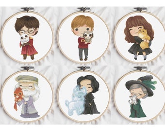 Conjunto de 6 patrones de punto de cruz, diseños de bordado de brujas de la Escuela de Magia, PDF de punto de cruz, descarga instantánea, punto de cruz moderno, archivo digital