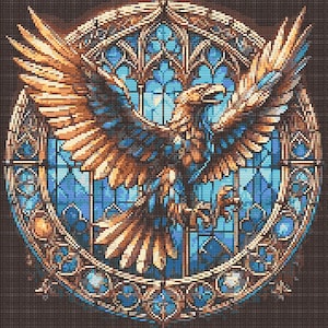 May include: A detailed cross-stitch design featuring a golden eagle with outstretched wings, set against a stained-glass window background. The artwork showcases shades of gold, brown, and blue, with intricate detailing and a circular frame.