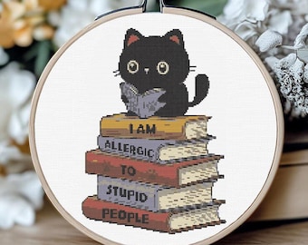Cross Stitch Pattern Black Cat With Books, Funny Embroidery Design Instant Download, Cat Lover Gift DIY, Gift For Readers, Snarky XStitch