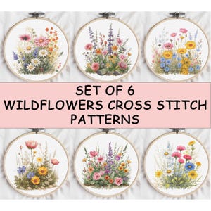 May include: A set of six cross-stitch patterns showcasing vibrant wildflower designs, each presented in a circular wooden embroidery hoop. The text "SET OF 6 WILDFLOWERS CROSS STITCH PATTERNS" is displayed on a pink banner.