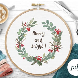 Christmas Cross Stitch Pattern Merry and Bright Embroidery New Year 2025 Instant Download Digital Pattern PDF Holiday Home Decor Door Wreath
