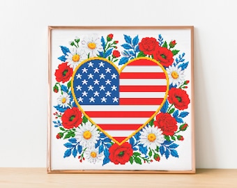 4th of July Cross Stitch Pattern, American Flag Heart with Flowers, Patriotic Embroidery PDF, Independence Day Decor, USA Gift