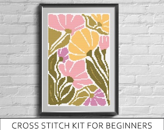 Beginner Cross Stitch Kit, Modern Floral Embroidery Kit, DIY Craft Kit with Threads and Pattern, Easy Needlework Gift