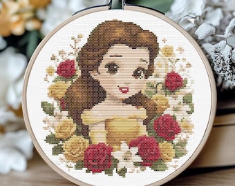 Princess Cross Stitch Pattern, Cute Girl Embroidery Design with Roses, Fairy Tale PDF, Whimsical Character Needlework, Gift For Girl