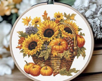 Autumn Basket Cross Stitch Pattern, Sunflowers and Pumpkins Embroidery Design, Fall Harvest PDF, Cozy Seasonal Decor, Instant Download