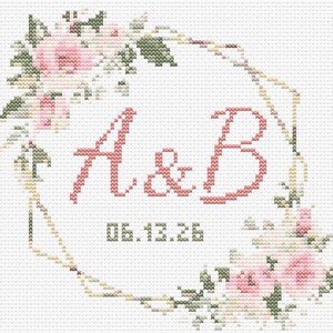 Schema punto croce personalizzato per matrimonio, monogramma sposi, data matrimonio, ghirlanda floreale Xstitch 90x90 punti