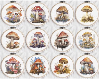 May include: Twelve watercolor paintings of mushrooms in various colors and sizes, each framed in a circular hoop.