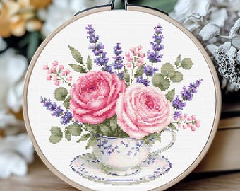 Rose and Lavender Cross Stitch Pattern, Floral Teacup Embroidery Design, Cottagecore PDF, English Garden Needlework