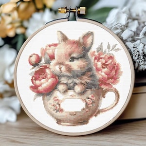 Cross Stitch Pattern Cute Bunny With Peonies, Modern Cross Stitch Designs, Easter Cross Stitch PDF, Spring XStitch Art Mothers Day Gift DIY