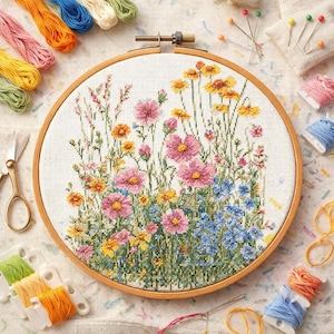 Könnte beinhalten: Ein runder Stickrahmen aus Holz mit einem Kreuzstichmuster einer Wildblumenwiese mit rosa, gelben und blauen Blumen auf weißem Stoff. Der Rahmen ist umgeben von buntem Stickgarn, Metallnähnadeln und einer Schere.