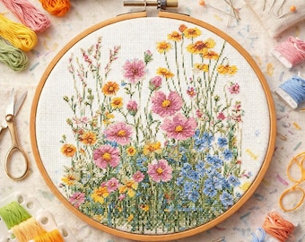 Wildflower Meadow Cross Stitch Kit, Floral Embroidery Kit for Beginners, Complete Cross Stitch Kit with Pattern, Hoop Decor