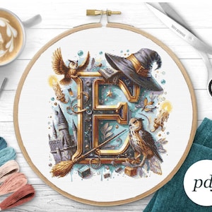 Patrón de punto de cruz con monograma, letra E, letras bordadas, alfabeto, punto de cruz contado, inicial, Navidad, regalo DIY, magia de punto de cruz de brujas