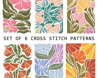 May include: A set of 6 cross stitch patterns featuring floral designs with various color palettes including pink, orange, yellow, blue, and green. The text SET OF 6 CROSS STITCH PATTERNS is printed in black in the center of the grid of images.