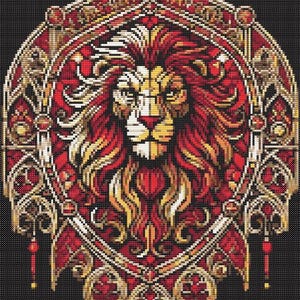 May include: A cross-stitch design depicting a lion's head in a decorative frame. The colour palette includes red, gold, and cream, set against a black backdrop. The lion's mane and the frame's embellishments are intricately stitched.