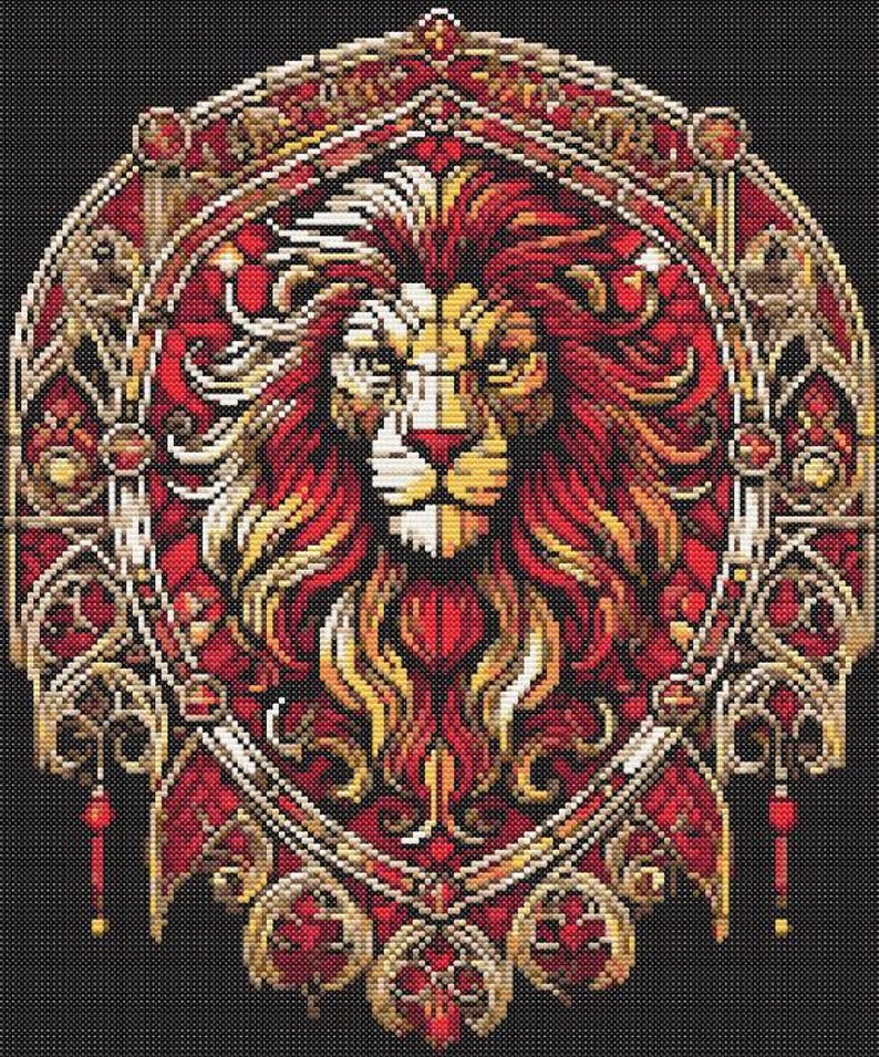 May include: A cross-stitch design depicting a lion's head in a decorative frame. The colour palette includes red, gold, and cream, set against a black backdrop. The lion's mane and the frame's embellishments are intricately stitched.