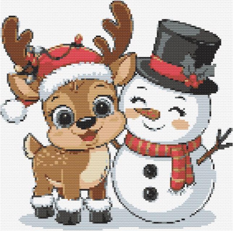 Christmas Cross Stitch Pattern – Funny Deer and Snowman Embroidery PDF, Holiday XStitch Chart Easy Pattern Gift for Kids Seasonal Art Winter