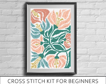 Beginner Cross Stitch Kit, Modern Floral Embroidery Kit, Easy DIY Craft with Threads and Pattern, Relaxing Needlework Gift