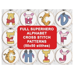 Mini Alphabet 50x50 stitches Cross Stitch Pattern Letter Embroidery Initial Baby Room Decor Monogram Gift DIY Easy Simple Cartoon Characters