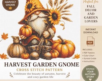 Harvest Gnome Cross Stitch Pattern, Autumn Garden Embroidery Design, Pumpkin and Sunflower PDF, Cozy Fall Needlework Decor