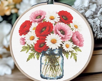 Poppy and Daisy Cross Stitch Pattern, Wildflower Bouquet in Mason Jar PDF, Floral Embroidery Design, Cottagecore Needlework