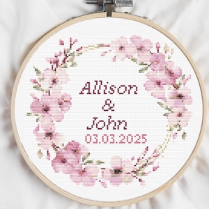 Wedding Cross Stitch Pattern Floral Wreath Personalized Counted Cross Stitch Anniversary Gift Engagement Gift, Digital Download PDF