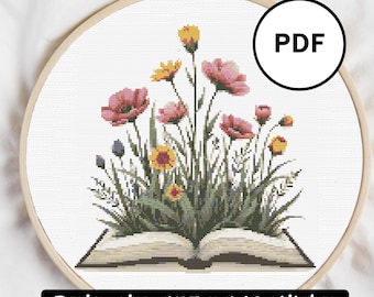 Wildflowers Cross Stitch Pattern PDF – Book with Flowers Embroidery, Botanical Modern DIY Wall Art, Counted XStitch Design, Teacher Gift