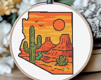 Kruissteekpatroon Arizona: borduurwerk woestijnlandschap (pdf-patroon)