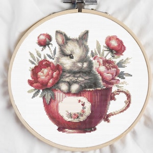 Cross Stitch Pattern Cute Bunny With Peonies, Easter Cross Stitch Designs, Floral Cross Stitch PDF, Spring Cross Stitch Pattern Flowers