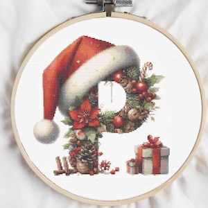 Padrão de ponto cruz de Natal Alfabeto bordado Letra P Contado Ponto cruz Bordado inicial Monograma Bebê Presente de ano novo PDF digital