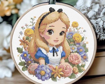 Cute Princess Cross Stitch Pattern, Cartoon Girl Embroidery Design, Floral Portrait PDF, Sweet Character Needlepoint, Kawaii Style DIY Gift
