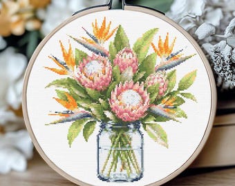 Protea Cross Stitch Pattern, Tropical Flower Bouquet in Mason Jar PDF, Bird of Paradise Embroidery Design, Botanical Needlework