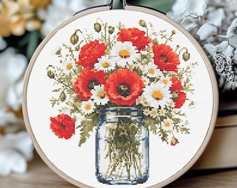 Poppy and Daisy Cross Stitch Pattern, Wildflower Bouquet in Mason Jar PDF, Floral Embroidery Design, Cottagecore Decor