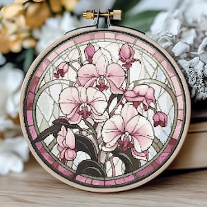 Gebrandschilderd glas kruissteekpatroon orchideeën bloemen borduurwerk ontwerp PDF digitaal bestand, getelde XStitch-grafiek, volledige dekking kruissteek modern