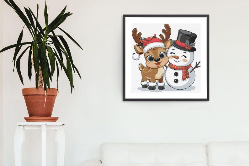 Christmas Cross Stitch Pattern – Funny Deer and Snowman Embroidery PDF, Holiday XStitch Chart Easy Pattern Gift for Kids Seasonal Art Winter