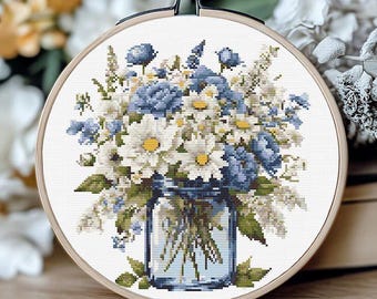 Vintage Wildflowers Cross Stitch Pattern – Daisies & Blue Flowers in Jar, Classic Counted Embroidery PDF, Easy Floral Design