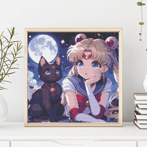 Cross Stitch Pattern Moon Full Cover Art Counted Cross Stitch Cat Embroidery Anime Gift Design Digital File PDF Cartoon Character Kawaii
