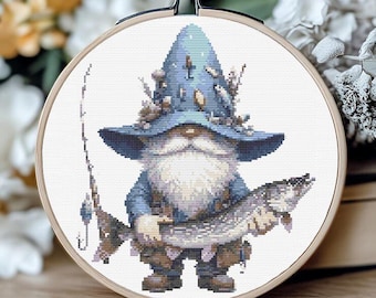 Fishing Gnome Cross Stitch Pattern, Cute Fisherman Embroidery Design, Lake House PDF, Rustic Cabin Needlework, Instant Download
