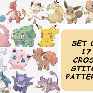 Può includere: Una collezione di 17 schemi a punto croce con vari personaggi dei cartoni animati. I modelli includono personaggi come Pikachu, Squirtle, Charmander e altri, in uno stile colorato e pixelato. È visibile anche il testo "SET OF 17 CROSS STITCH PATTERNS".