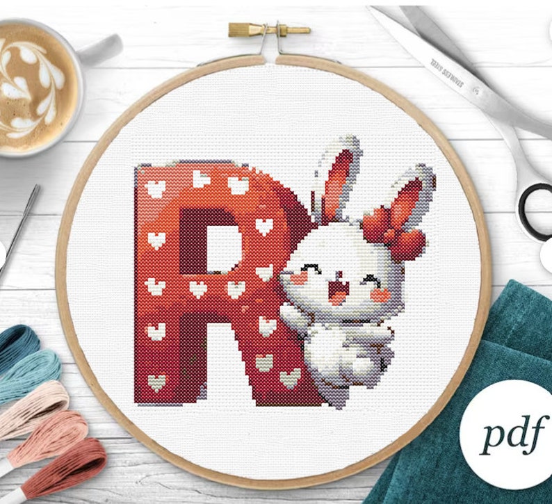 Baby Alphabet Cross Stitch Pattern Animals Letter R Embroidery Rabbit ...
