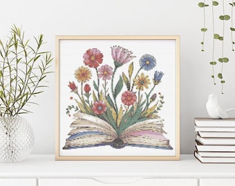 Wildflowers Cross Stitch Pattern PDF – Book with Flowers Embroidery, Botanical Modern DIY Wall Art, Counted XStitch Design, Back To School