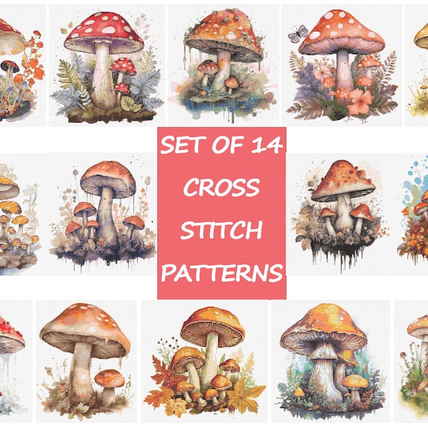 Mushrooms Cross Stitch Patterns Set Of 14 Counted Cross Stitch Embroidery Pattern, Easy Cross Stitch Autumn Simple Cross Stitch, Beginner