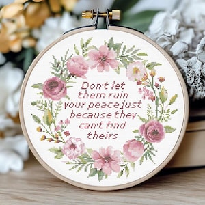 Positieve affirmaties kruissteekpatroon, motiverende citaten, snarky kruissteekpatroon subversief modern XStitch-diagram, bloemenkrans