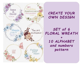 Wedding Cross Stitch Pattern Set of 6 Floral Wreath Personalized Counted Cross Stitch Anniversary Gift Engagement Gift, Baby Announcement