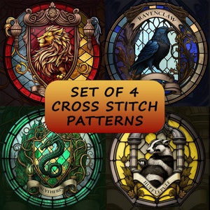 Cross Stitch Pattern Harry Pottery Gryffindor Slytherin Ravenclaw Hufflepuff Counted Cross Stitch Hogwarts Embroidery Modern Cross Stitch